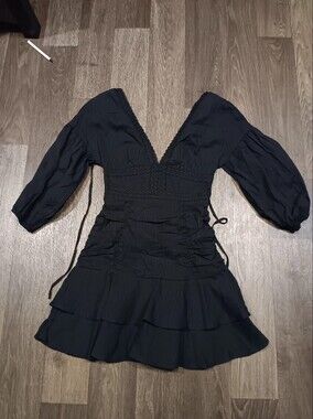 Fanco Deep V Black Ruffled Mini Dress with Balloon Sleeves Sz New